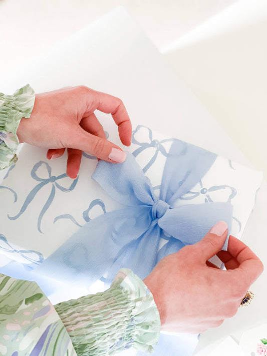 French Blue Bows Watercolor Wrapping Paper 3 Sheets