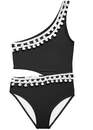 Black swimsuit with side cut out and a trim of white pom poms