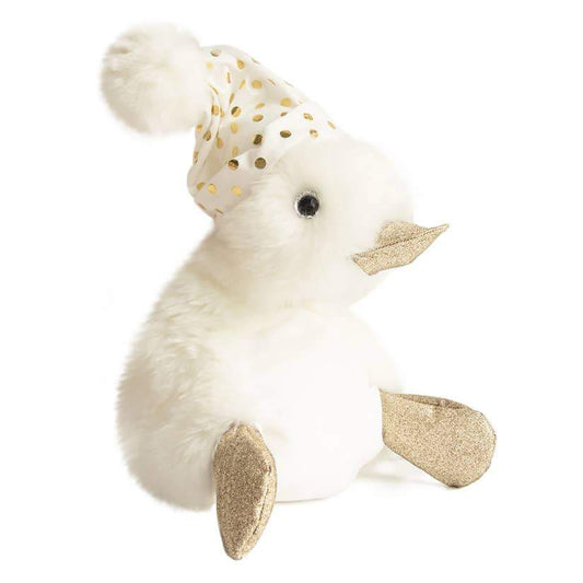soft white duck with gold feet and beak topped with a white pom sleeping cap with gold dots