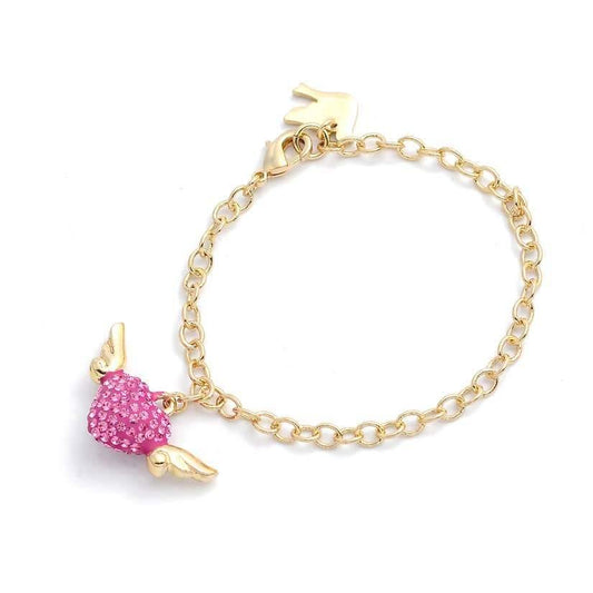Gold bracelet with a pink heart crystal studs and gold wings