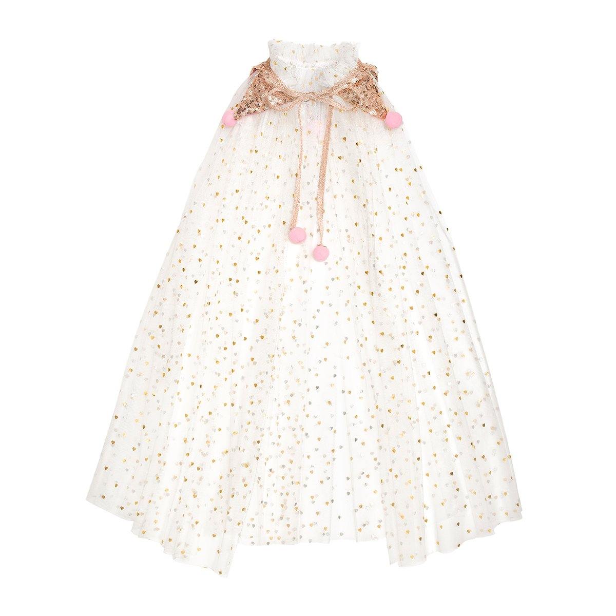 The white tulle is accented with beautiful gold confetti and stars and finished off with a the most dazzling gold glitter necktie that has the softest poms poms attached at the ends of the collar.