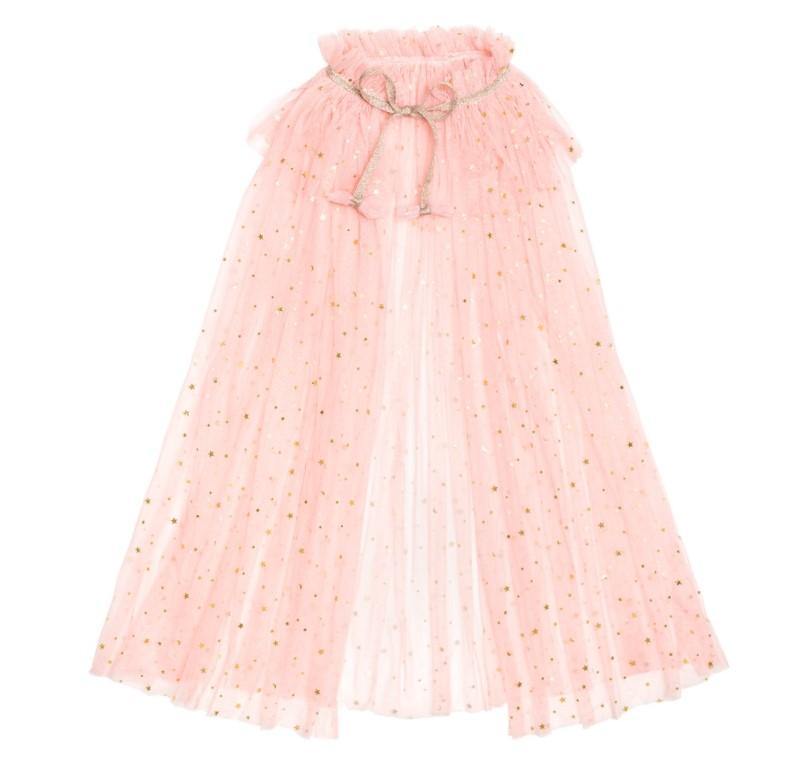 Sweet Pink's costume cape will instantly transform your little girl into the daintiest of princesses or superhero so she can rule in style. The light pink tulle is accented with beautiful gold confetti and stars and finished off with a the most dazzling gold glitter necktie.  One size fits children ages 3-6 years old