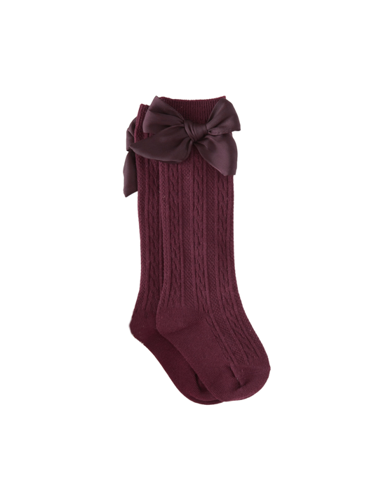Luxe Knee-High Socks with Satin Bow - Plum