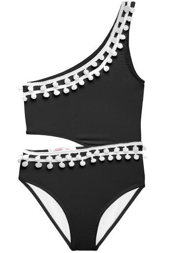 Black swimsuit with side cut out and a trim of white pom poms