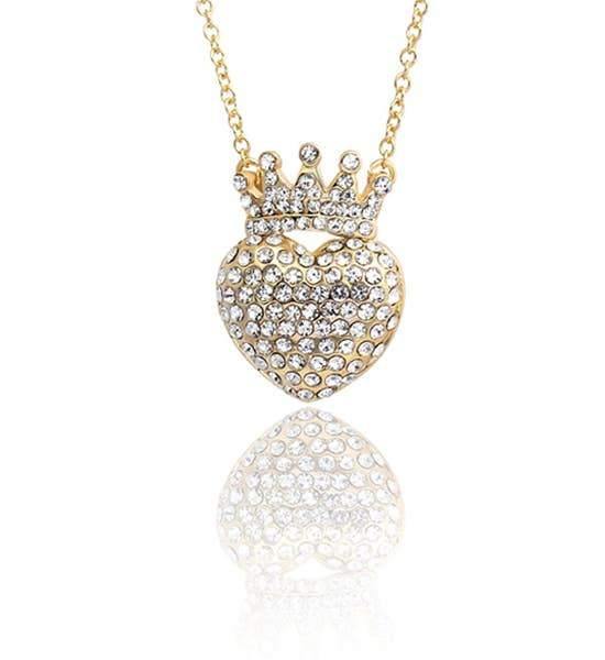 Gold necklace with a heart and crown completely covered in white crytals