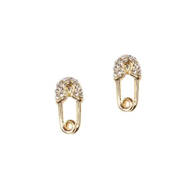 Pair of gold safety pin earrings with crystal studs