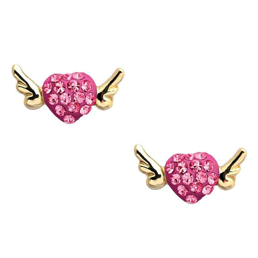 Hot pink earrings with crystals and gold wings