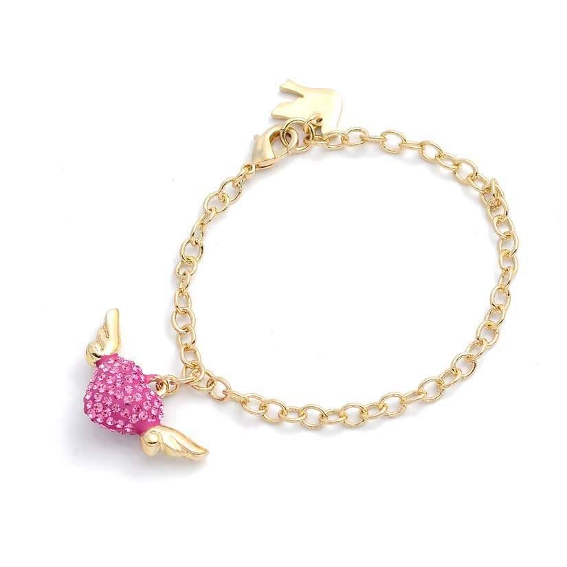 Gold bracelet with  a pink heart crystal studs and gold wings