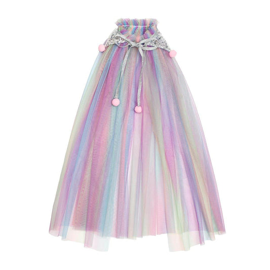 multi colored rainbow tulle cape that is beautifully accented with perfect pom poms that are attached graciously to the silver glittered collar and is finished off with a silver sparkle necktie.