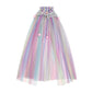 multi colored rainbow tulle cape that is beautifully accented with perfect pom poms that are attached graciously to the silver glittered collar and is finished off with a silver sparkle necktie. 