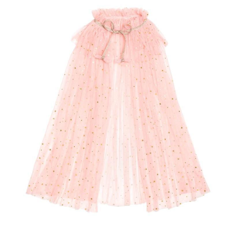 Sweet Pink's costume cape will instantly transform your little girl into the daintiest of princesses or superhero so she can rule in style. The light pink tulle is accented with beautiful gold confetti and stars and finished off with a the most dazzling gold glitter necktie.  One size fits children ages 3-6 years old