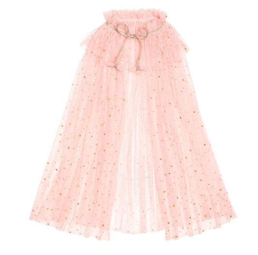 Sweet Pink's costume cape will instantly transform your little girl into the daintiest of princesses or superhero so she can rule in style. The light pink tulle is accented with beautiful gold confetti and stars and finished off with a the most dazzling gold glitter necktie.  One size fits children ages 3-6 years old
